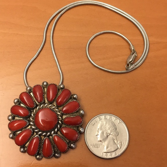 Red Coral & Silver Pendant/Pin by Lorraine Waatsa - Picture 4 of 8
